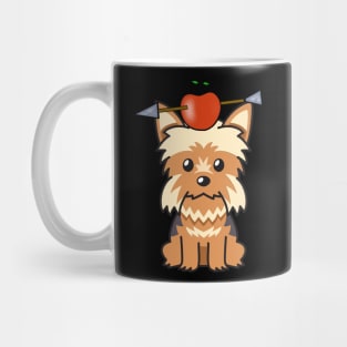 Funny Yorkshire terrier is playing william tell with an apple and arrow Mug